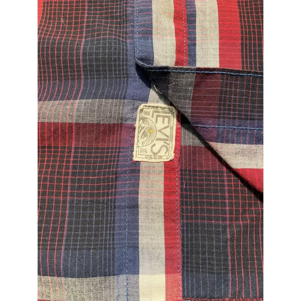 Levis Western Shirt Men M Red Blue White Plaid Snap Front Two Horse Brand Cowboy